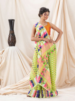 Angoshobha - Traditional Lime Green Ball Soft Dhakai Jamdani Saree without Blouse