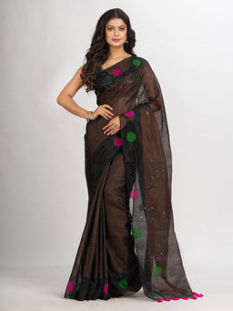 Angoshobha - Black Handwoven Cotton Blend Jamdani Handloom Saree with Unstitched Blouse