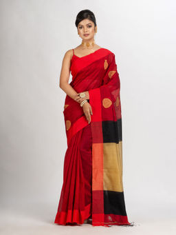Angoshobha - Red Cotton Blend Jacquard Handloom Saree with Unstitched Blouse