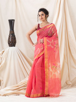 Angoshobha - Traditional Cotton Silk Coral Fancy Jamdani Saree with Unstitched Blouse