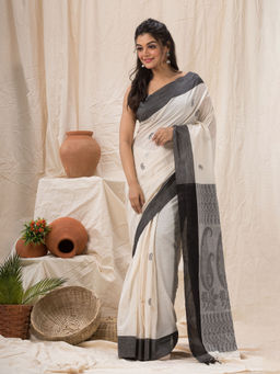 Angoshobha - Off White Cotton Tangail Festive Saree with Unstitched Blouse
