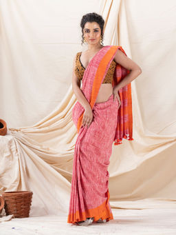 Angoshobha - Traditional Red Cotton Saree with Unstitched Blouse