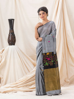 Angoshobha - Traditional Silver Grey Soft Cotton Jamdani Saree with Unstitched Blouse