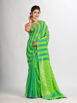 Angoshobha - Parrot Green And Sky Blue Stripe Handwoven Cotton Handloom Saree with Unstitched Blouse