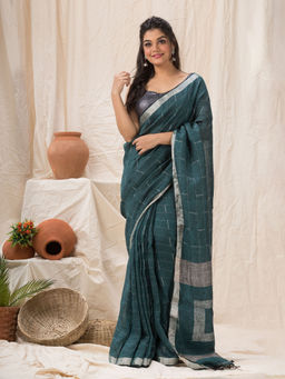 Angoshobha - Traditional Dark Green Linen Jamdani Saree with Unstitched Blouse