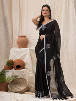 Angoshobha - Traditional Black White Linen Jamdani Saree with Unstitched Blouse