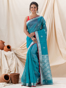Angoshobha - Traditional Handloom Deep Aqua Silk Linen Saree with Unstitched Blouse