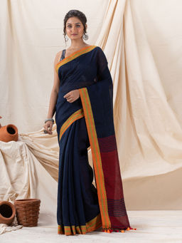 Angoshobha - Traditional Navy Blue Linen Tangail Saree with Unstitched Blouse