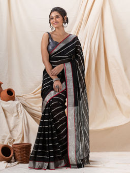 Angoshobha - Traditional Black Handloom Linen Saree with Unstitched Blouse
