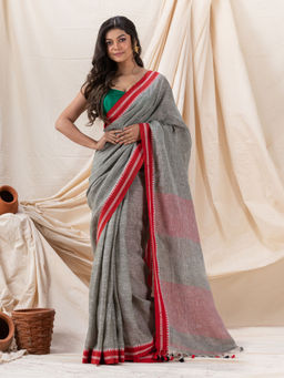 Angoshobha - Traditional Grey Linen Tangail Saree with Unstitched Blouse
