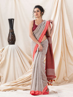 Angoshobha - Traditional Silver Grey Tangail Soft Linen Saree with Unstitched Blouse