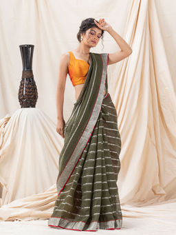 Angoshobha - Traditional Dried Moss Handloom Soft Linen Saree with Unstitched Blouse