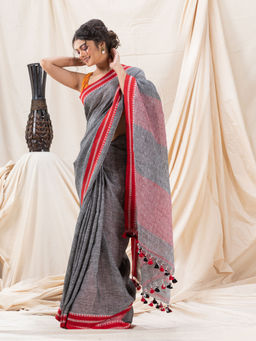 Angoshobha - Traditional Grey Handloom Soft Linen Saree with Unstitched Blouse