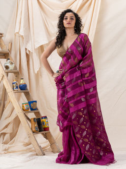 Angoshobha - Traditional Wine Soft Matka Silk Jamdani Saree with Unstitched Blouse