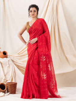 Angoshobha - Traditional Red Matka Silk Soft Sequin Jamdani Saree with Unstitched Blouse