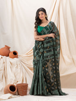 Angoshobha - Traditional Dark Slate Grey Motka Silk Sequin Soft Jamdani Saree with Unstitched Blouse
