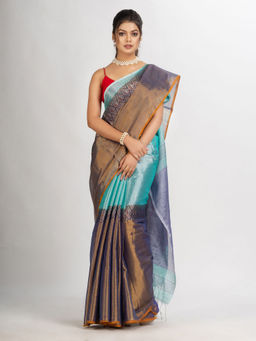 Angoshobha - Gold Green Zari Cotton Tissue Madhumani Jacquard Handloom Saree with Unstitched Blouse