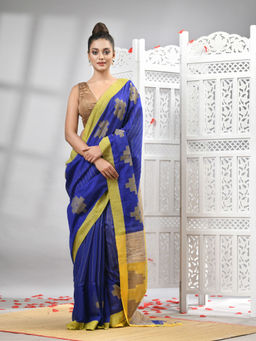 Angoshobha - Blue Cotton Blend All Body Motifs With Yellow Pallu Handloom Saree with Unstitched Blouse