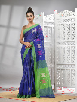 Angoshobha - Blue Cotton Blend All Body Motifs With Green Pallu Handloom Saree with Unstitched Blouse