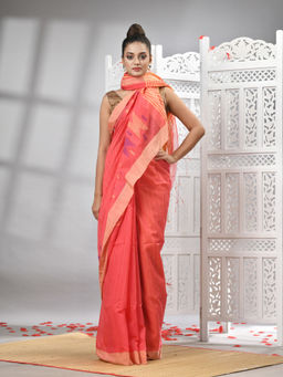 Angoshobha - Peach Cotton Blend All Body Motifs With Beige Pallu Handloom Saree with Unstitched Blouse