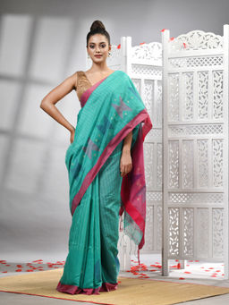 Angoshobha - Green Cotton Blend All Body Motifs With Rani Pallu Handloom Saree with Unstitched Blouse