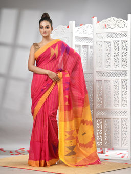 Angoshobha - Rani Cotton Blend All Body Motifs With Yellow Pallu Handloom Saree with Unstitched Blouse