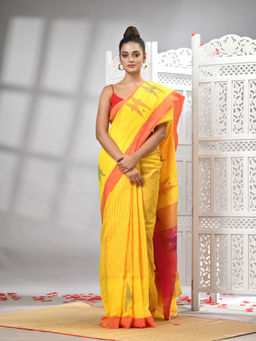 Angoshobha - Yellow Cotton Blend All Body Motifs With Rani Pallu Handloom Saree with Unstitched Blouse