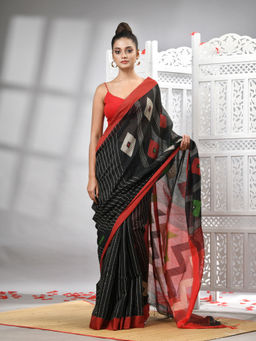 Angoshobha - Black Cotton Blend All Body Motifs With Red Pallu Handloom Saree with Unstitched Blouse