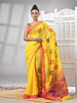 Angoshobha - Yellow Cotton Blend All Body Motifs With Rani Pallu Handloom Saree with Unstitched Blouse