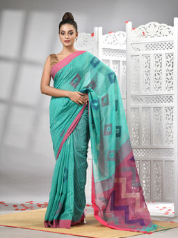 Angoshobha - Green Cotton Blend All Body Motifs With Rani Pallu Handloom Saree with Unstitched Blouse
