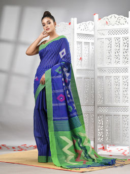 Angoshobha - Blue Cotton Blend All Body Motifs With Green Pallu Handloom Saree with Unstitched Blouse
