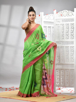 Angoshobha - Green Cotton Blend All Body Motifs With Rani Pallu Handloom Saree with Unstitched Blouse