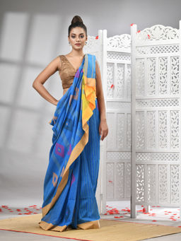 Angoshobha - Sky Blue Cotton Blend All Body With Yellow Pallu Handloom Saree with Unstitched Blouse