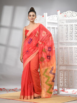Angoshobha - Orange Cotton Blend All Body Motifs With Muga Pallu Handloom Saree with Unstitched Blouse