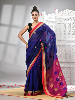 Angoshobha - Blue Cotton Blend All Body Motifs With Rani Pallu Handloom Saree with Unstitched Blouse