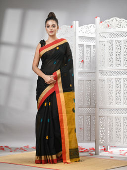 Angoshobha - Black Cotton Blend All Body With Yellow Pallu Handloom Saree with Unstitched Blouse