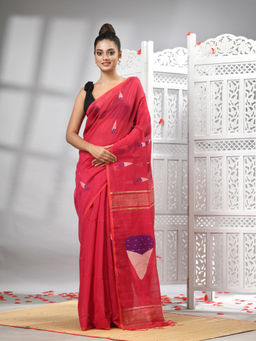 Angoshobha - Red Cotton Blend All Body Motifs Design Pallu Handloom Saree with Unstitched Blouse