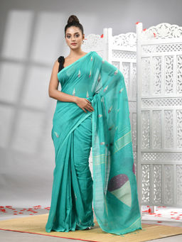 Angoshobha - Green Cotton Blend All Body Motifs Design Pallu Handloom Saree with Unstitched Blouse