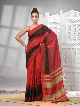 Angoshobha - Red Cotton Blend Ghicha Pallu Handloom Saree with Unstitched Blouse