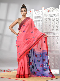 Angoshobha - Pink Cotton Blend All Body Motifs With Blue Pallu Handloom Saree with Unstitched Blouse