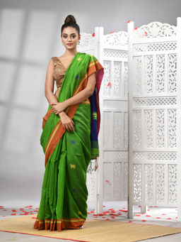 Angoshobha - Green Cotton Blend All Body Motifs With Blue Pallu Handloom Saree with Unstitched Blouse