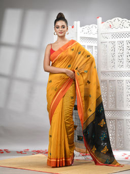 Angoshobha - Mustard Cotton Blend All Body With Black Pallu Handloom Saree with Unstitched Blouse