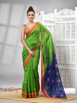 Angoshobha - Green Cotton Blend All Body Motifs With Blue Pallu Handloom Saree with Unstitched Blouse