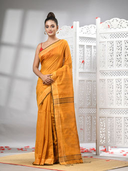 Angoshobha - Mustard Cotton Blend Design Pallu Handloom Saree with Unstitched Blouse