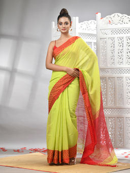 Angoshobha - Olive Cotton Blend Red Pallu Handloom Saree with Unstitched Blouse