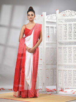 Angoshobha - White Cotton Blend Red Pallu Handloom Saree with Unstitched Blouse