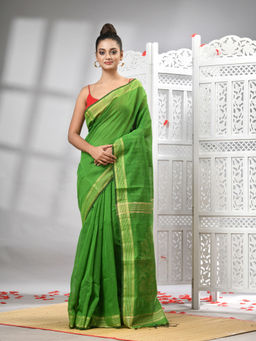 Angoshobha - Green Cotton Blend Design Pallu Handloom Saree with Unstitched Blouse