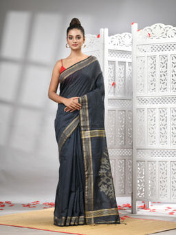 Angoshobha - Grey Cotton Blend Design Pallu Handloom Saree with Unstitched Blouse