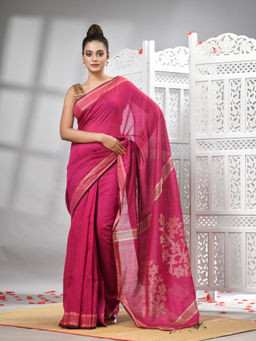 Angoshobha - Rani Cotton Blend Design Pallu Handloom Saree with Unstitched Blouse