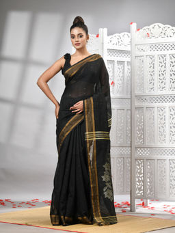 Angoshobha - Black Cotton Blend Design Pallu Handloom Saree with Unstitched Blouse